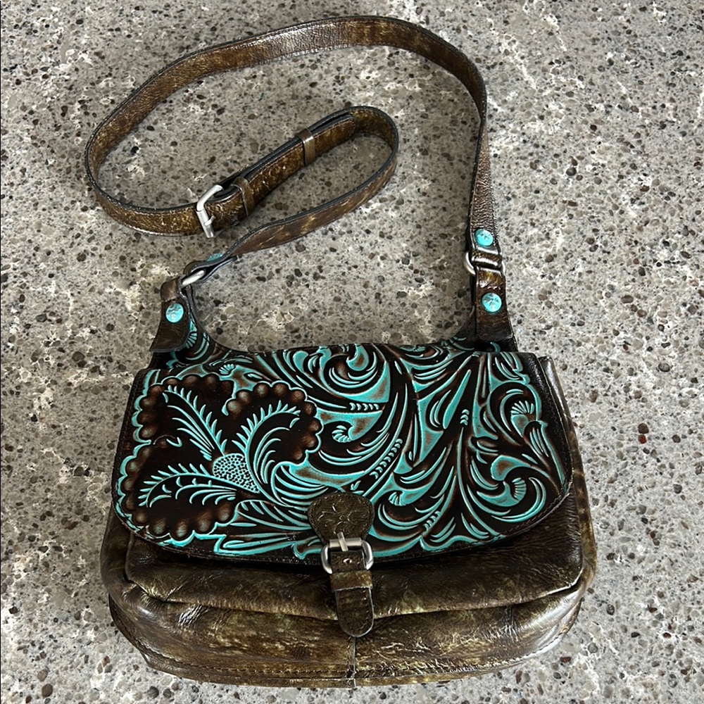 Patricia Nash Saddle Bag, brown with turquoise, great condition!